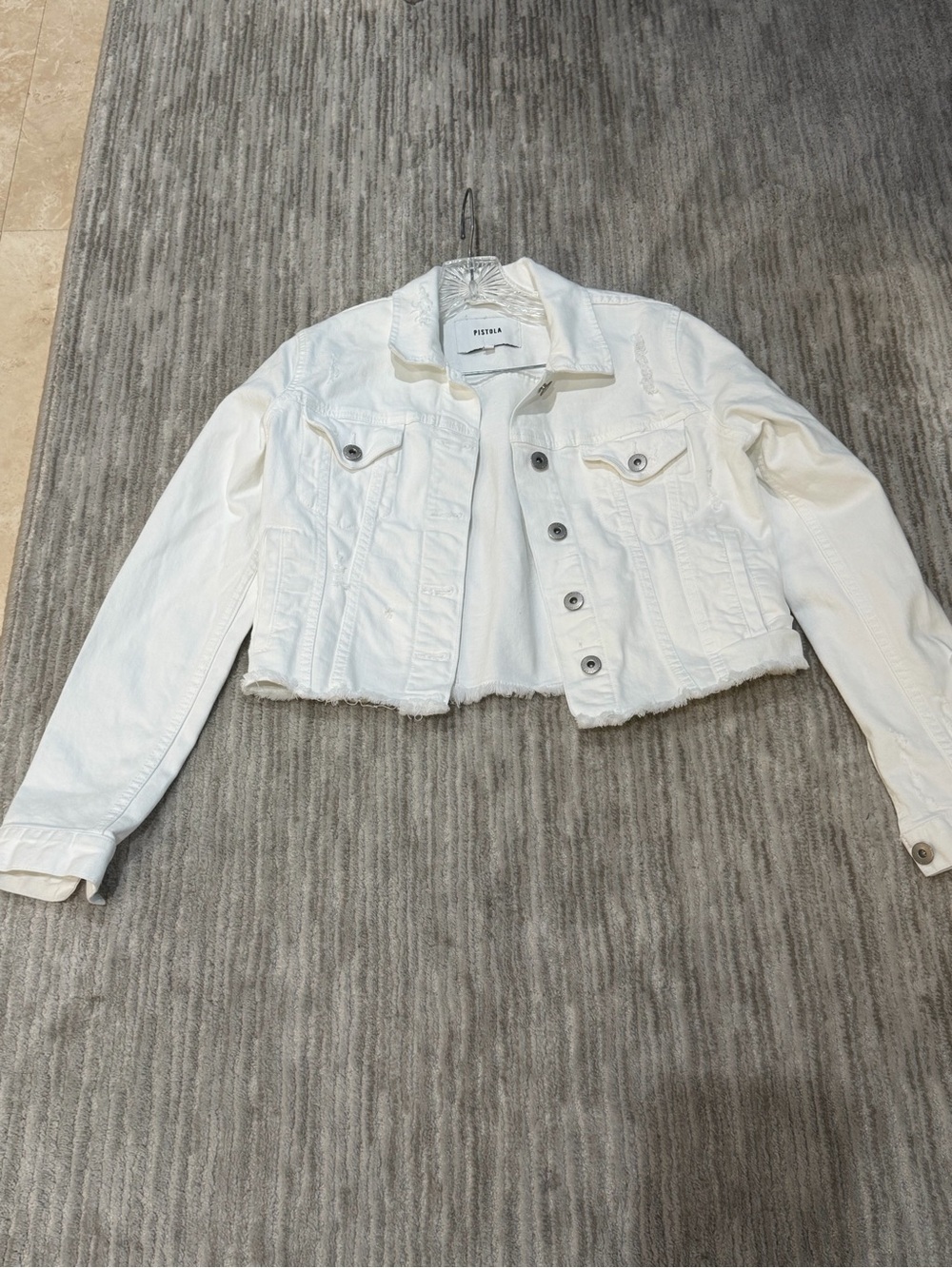 Pistola White Distressed Cropped Denim Jacket w/Frayed Hem Small Great condition - Picture 2 of 9
